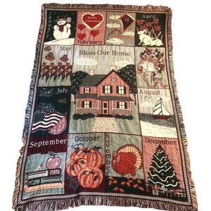 VTG MMW Bless Our Home 12 Month Calendar Tapestry Throw Blanket 1993 60x48